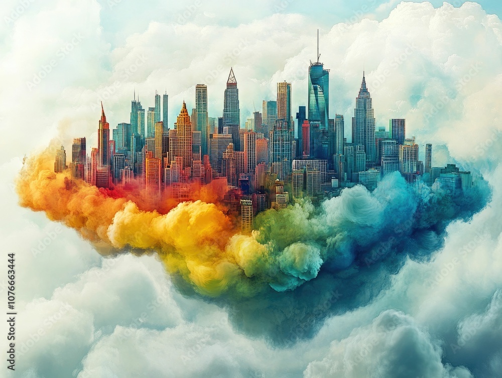 Poster surreal and mesmerizing floating city made of a cloud like mass of shifting swirling colors evoking 