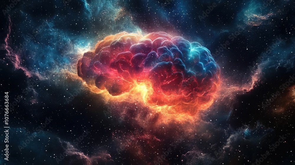 Wall mural glowing multicolored nebula in the shape of a human brain symbolizing the vast and boundless nature 