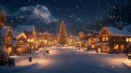 Snowy Christmas Village with Festive Lights & Majestic Mountains