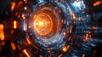 Obraz premium Abstract futuristic tunnel with glowing orange and blue lights.