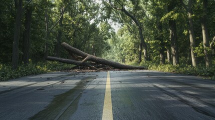 Fallen Tree Blocking Road in Forest