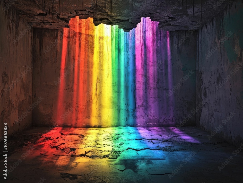 Poster vibrant rainbow light beams pouring through a cracked ceiling into a dark mysterious room symbolizin