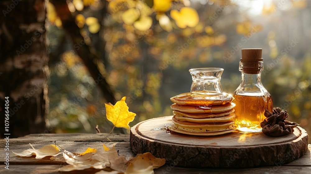 Poster pancakes with maple syrup in autumn setting