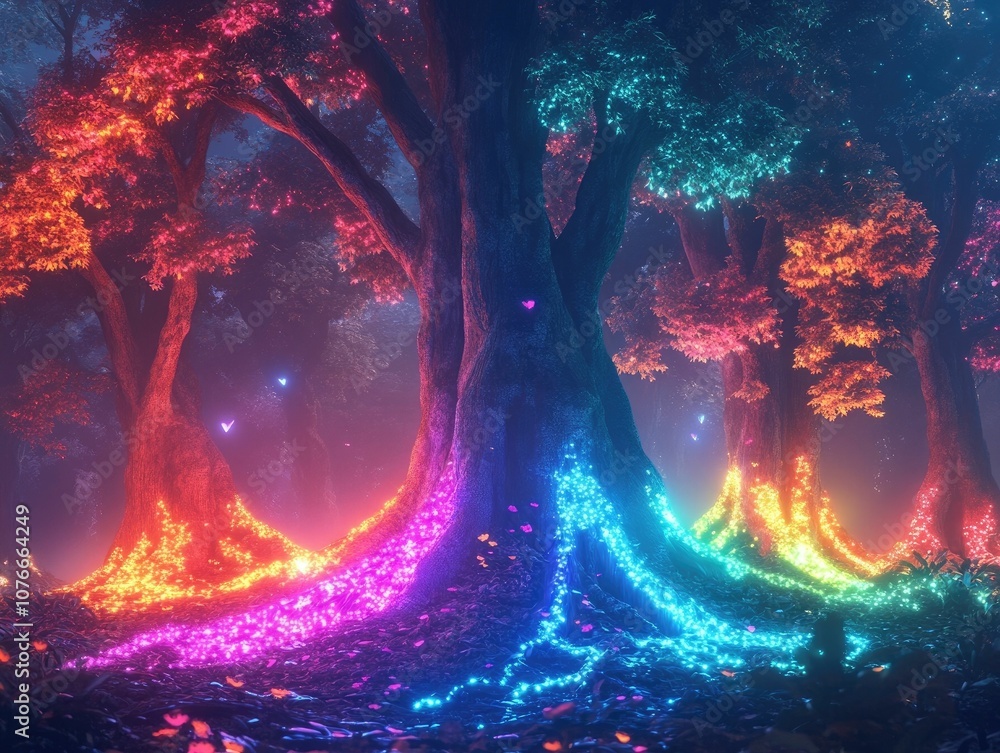 Poster A dreamlike and enchanting forest scene featuring glowing neon trees with vibrant rainbow roots symbolizing the fusion of nature and boundless imagination  This surreal