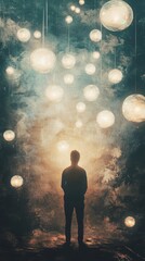 Silhouette of a Person Standing Amidst Glowing Spheres