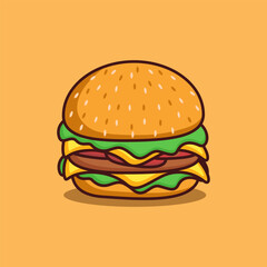 Cartoon cheese Burger illustration isolated on yellow background. Flat style Fast food clip art. Restaurant food menu sign and symbol. Western, Mexican, Asian food illustration.