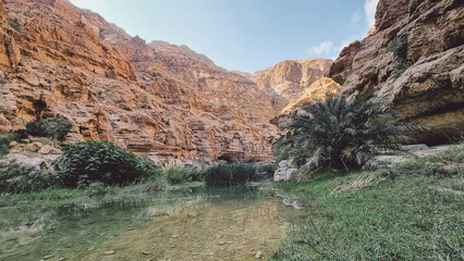 Wadi Shab, very popular wadi in the Al Sharqiyah Region in Oman with water fall in the cave, swimming in natural pools, leisurely walk leisurelywalwalk to the entrance of the wadi.
