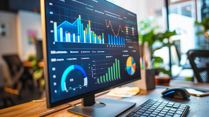 Desktop monitor displaying a comprehensive data analysis report with visualized business statistics, KPI graphs, and projected growth trends in a tech office.