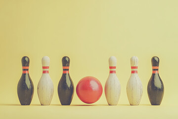 Red bowling ball facing black and white bowling pins on yellow background, creating a vintage-style bowling concept