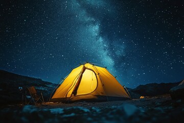 Bright yellow tent under a starry night sky in a remote mountain valley