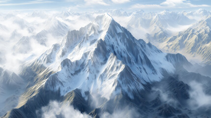 Obraz premium Top-down view of a rugged mountain peak with sharp ridges and snow-capped summits