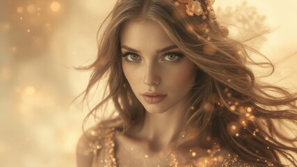 Naklejka premium Beautiful Woman with Flowing Hair and Golden Lights