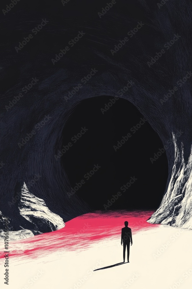 Poster a man stands in front of a cave with a red liquid flowing out of it