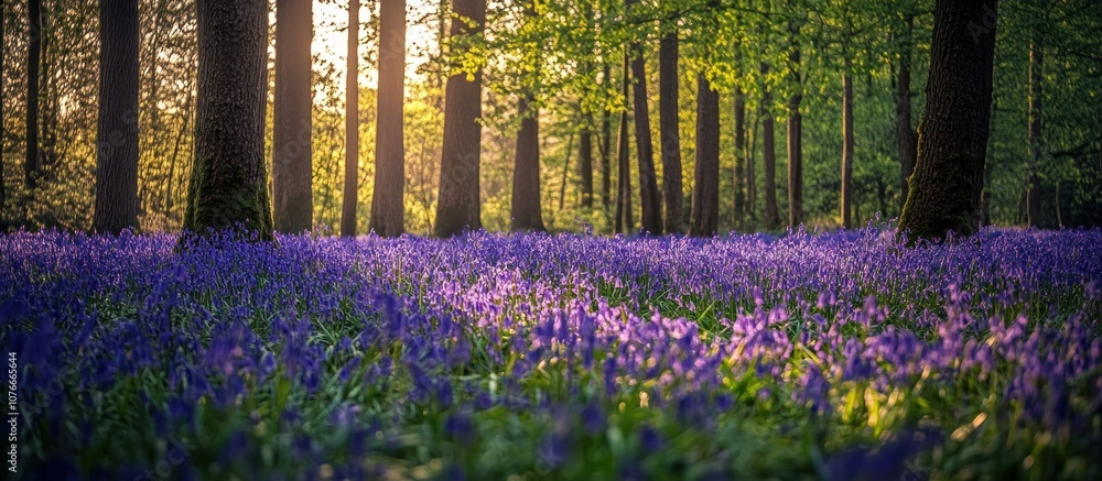 Poster sunbeams filter through a forest canopy, illuminating a field of bluebells in bloom.