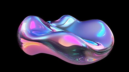 Colorful abstract liquid shape floating on a black background, showcasing smooth curves and vibrant reflections