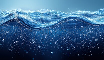 Water, water drops, and ripples on a blue background. This abstract water texture creates a banner with a copy space area. 