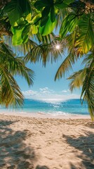 Obraz premium Serene tropical beach view framed by palm leaves under a clear blue sky in the afternoon