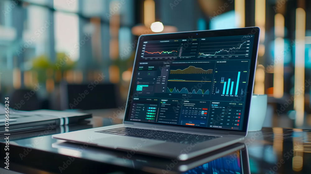 Poster high-angle view of a laptop with data analytics software showing monthly growth statistics, sales fo