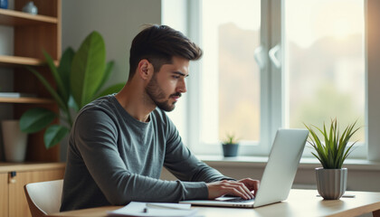 Fototapeta premium Focused Man Working on Laptop at Home Office