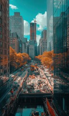 Fototapeta premium Dynamic Construction Scene in the Heart of the City: Capturing Urban Development and Architectural Innovation Amidst Vibrant Fall Colors
