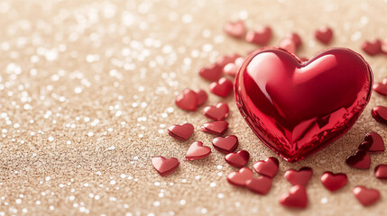 Fototapeta premium A shiny red heart sits amidst smaller red hearts on a glittering gold surface, symbolizing love and celebration