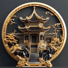 Obraz premium Stylized 3D illustration of an Asian temple with a decorative gold frame, capturing the elegance and detail of traditional Asian architecture 