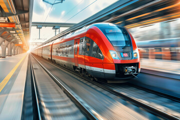 Modern high-speed train in fast motion passes through railway stations
