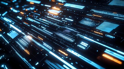 Complex cyberpunk network design with glowing nodes and interconnected lines, giving a sense of data transmission and digital connectivity