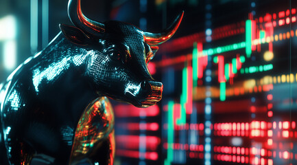 A black bull statue stands in front of the blurred stock market chart, an atmosphere full of energy and passion for trading