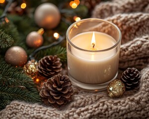 Lit Holiday Candle with Pine Cones and Ornaments on Cozy Table