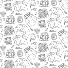 A pattern of doodle accessories for baths and saunas. wooden ladle, stones, fluffy robe, sponge, hair mask, soap, pumice stone. The texture is seamless, for cleaning your body. Sauna, relaxation