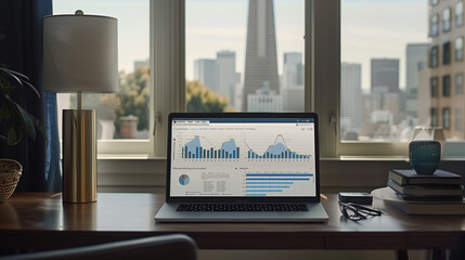 Laptop displaying real-time business analytics and predictive growth models, featuring bar graphs, financial charts, and KPI dashboards on a desk by the window.