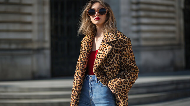 Trendy fashion with bold patterns including a leopard print coat, high-waisted jeans, and ankle boots, with oversized sunglasses