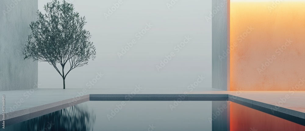 Poster a tree is in front of a building with a pool in the background