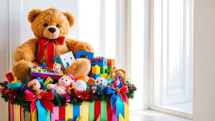 A brightly decorated donation box overflowing with toys, featuring a large teddy bear on top. The scene evokes warmth, generosity, and the spirit of giving, perfect for charitable campaigns