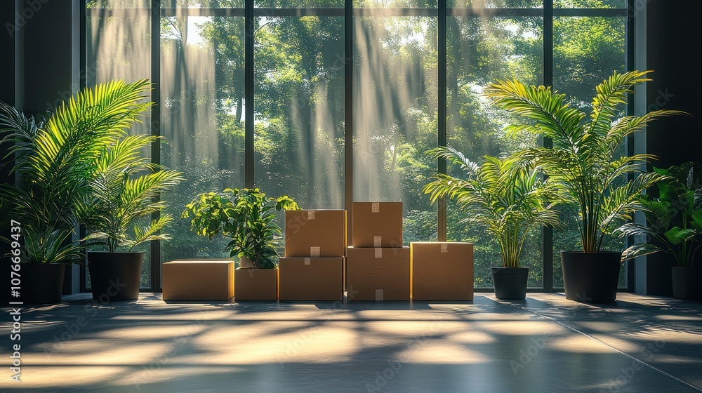 Poster cardboard boxes stacked in front of a large window with plants.
