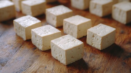 A collection of cubed tofu pieces arranged on a wooden surface.