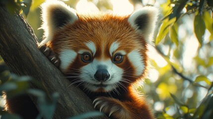 Obraz premium A red panda with a curious expression looks out from a tree branch.