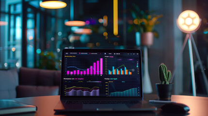 Laptop screen displaying a colorful data dashboard with growth metrics, charts, and a line graph showing upward business trends on a desk in a modern office.