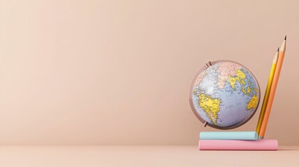 school beige mockup with globe and pencil with generative ai