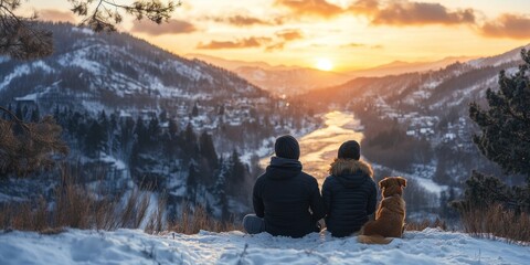 Couple and dog sitting snow landscape mountains.