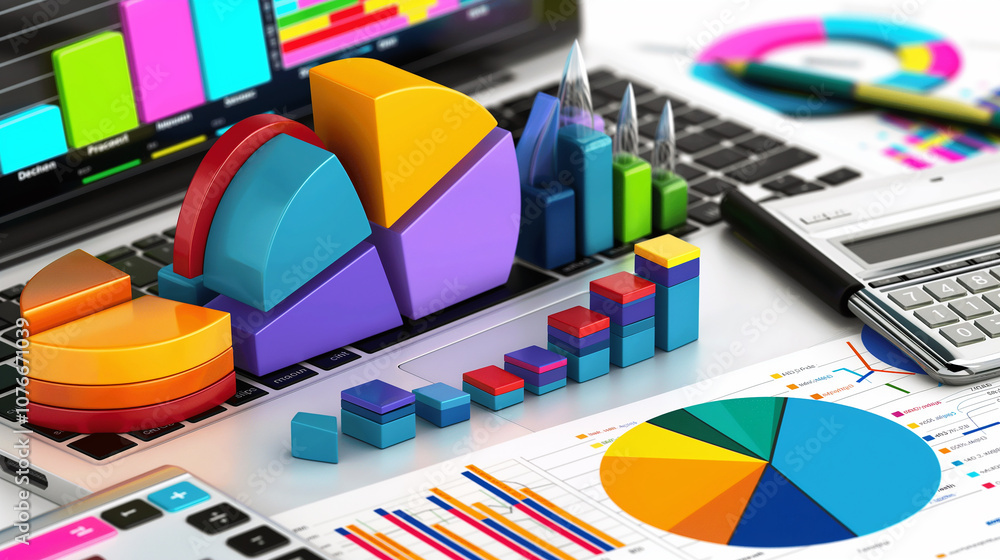 Poster laptop showcasing business data visualizations, including colorful pie charts, bar graphs, and reven