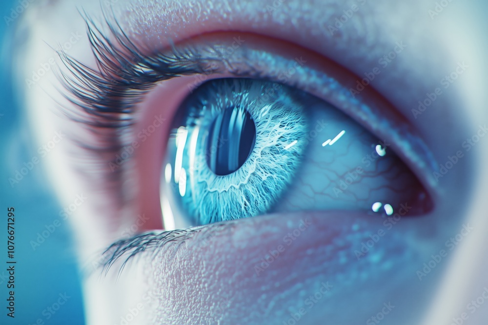 Poster cataract operation with intraocular lens placement in human eye 3d rendering in on blue backdrop