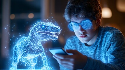 Teenager Interacting with Augmented Reality Hologram of Dinosaur in Modern Setting