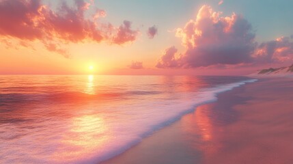 Serene sunset over a calm beach with gentle waves.