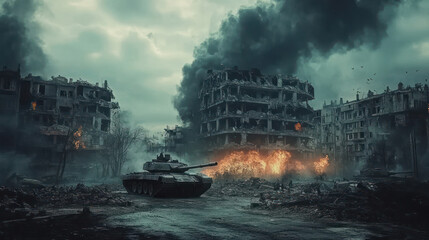 Fototapeta premium Tank in Urban War Zone Amidst Destroyed Buildings and Fire. Smoke-Filled Battlefield Scene