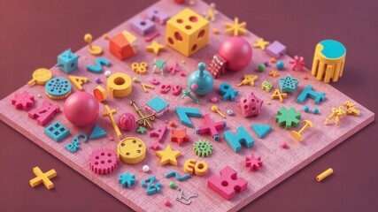 Colorful 3D Shapes and Objects on a Pink Wooden Surface