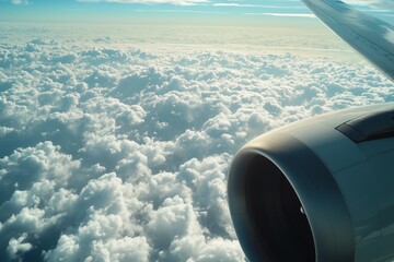 Commercial airplane soaring above the cloud cover at cruising altitude