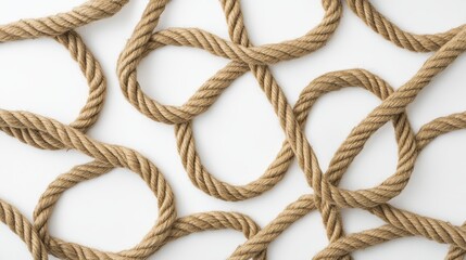 Twisted jute rope arranged in loops and knots against a white backdrop.