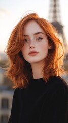 Fototapeta premium Parisian Redhead in Black Top Poses with Eiffel Tower Backdrop at Dusk
